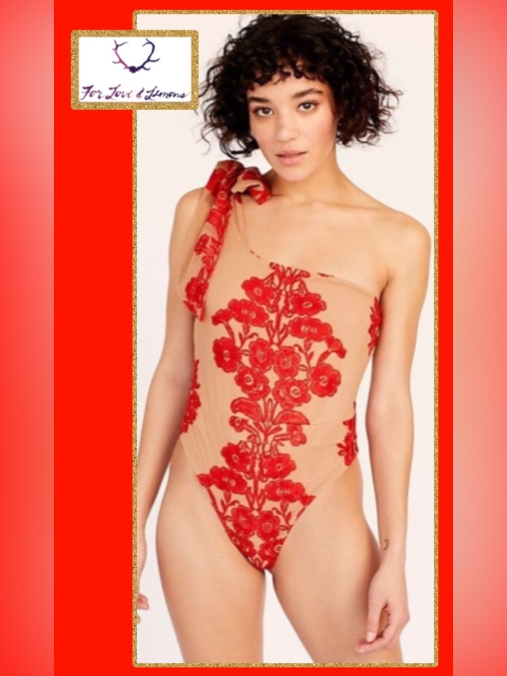 NWT For Love and Lemons Temecula One Shoulder Bodysuit Red/Nude